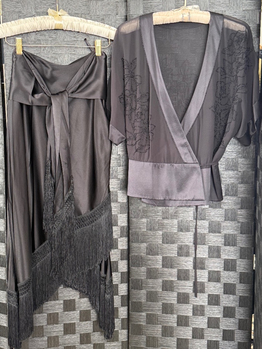J. Peterman Black Fringe skirt + Beaded Black top. Size 10.